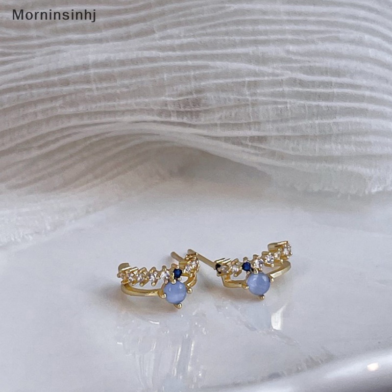 Mornin Blue Opal Stud Earrings Untuk Wanita Korea Cahaya Zirkon Mutiara Fashion Kristal Manis Anting Gadis Perhiasan id