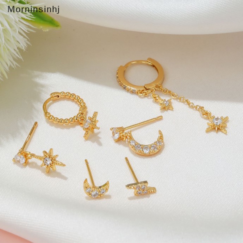 Mornin 6pcs Set Anting Tusuk Bentuk Bulan Bintang Kristal Zircon Campuran Untuk Wanita Perhiasan Warna Emas id