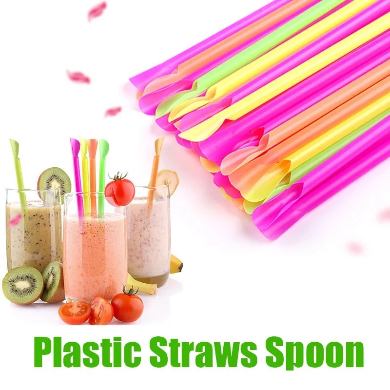 Sedotan Sendok Plastik Warna Warni 100Pcs/Milkshake Smoothie Drinking Drinks Straw/Aksesoris Minuman Hajatan Pesta Ulang Tahun