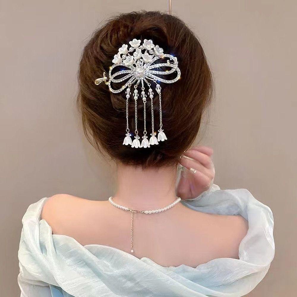 Needway Wanita Ponytail Holder Bow Knot Elegan Bell Bunga Anggrek Berlian Imitasi Alloy Gaya Cina Klip Rambut Untuk Hadiah Ulang Tahun