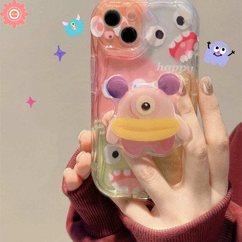 IPHONE Kartun Lucu Monster Kecil Holder Case Kompatibel Untuk Iphone11 7Plus XR 13 14 12 Pro Max 8 7 6 6s Plus X XS Max Se2020 3D Wavy Curved Edge Soft Case Dengan Bracket Stand Lucu