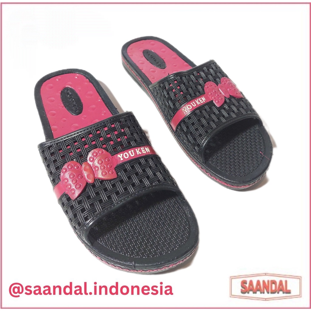 Sandal Selop Karet Hitam Youken Wanita Motif Pita Anti-Licin