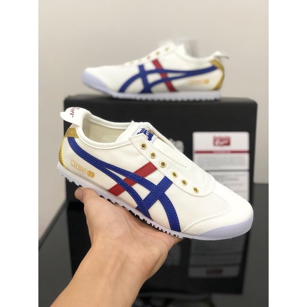 Sepatu Onitsuka Tiger Mexico 66 Slip On White Blue Red X Gold Free Paper Bag