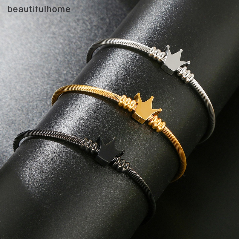 {beautifulhome} Baru Fashion Mahkota Stainless Steel Gelang Bangles Pria Wanita Terbuka Manset Pesona Bangle Perhiasan Untuk Hadiah Ulang Tahun.