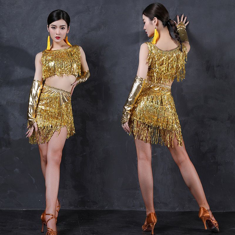Dance Latin dance Belly dance Costume Sequins Tassel Suit Skirt Show Dress Set