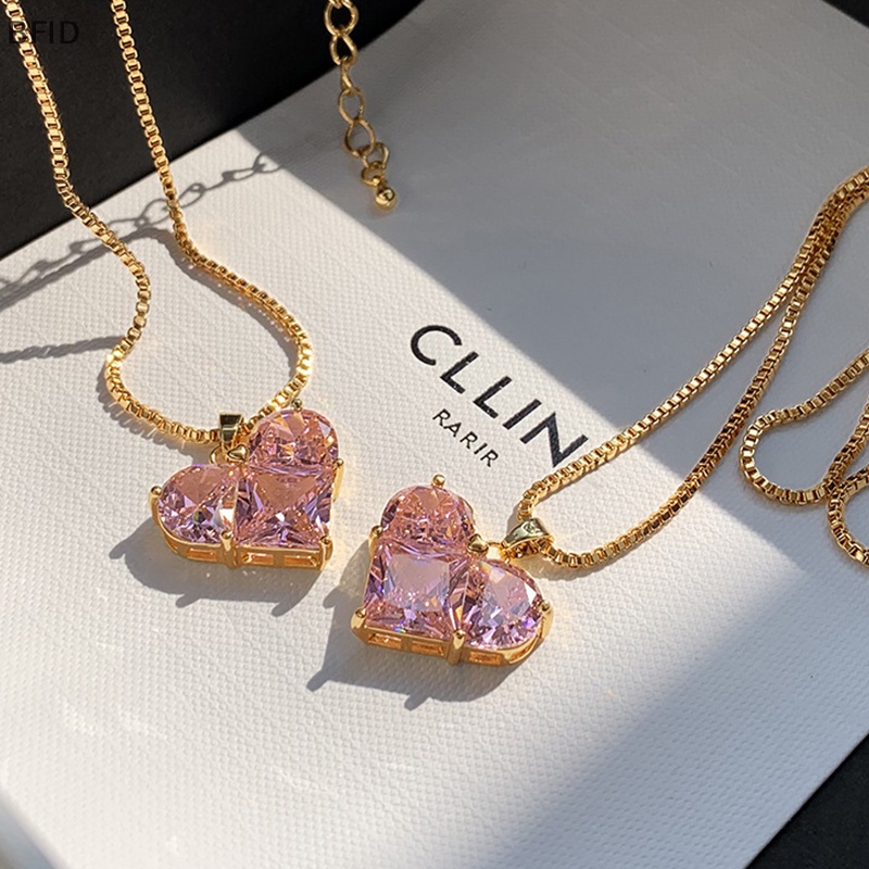 [BFID] Tren Fashion Desain Unik Elegan Halus Pink Cinta Zirkon Klavikula Kalung Wanita Perhiasan Hadiah Pesta [ID]