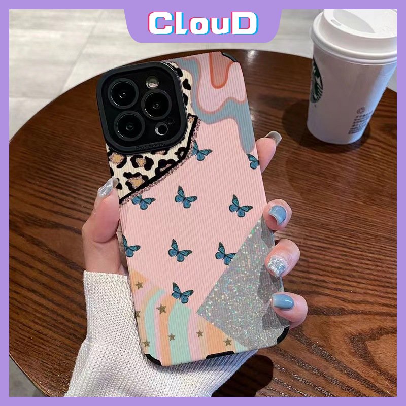 IPHONE Ins Cinta Hati Shockproof Case Kompatibel Untuk Iphone11 13 12 14 Pro MAX 7Plus XR X XS Max7 8 Plus Merek Trendi Leopard Jahitan Kontras Penutup Tekstur Kulit