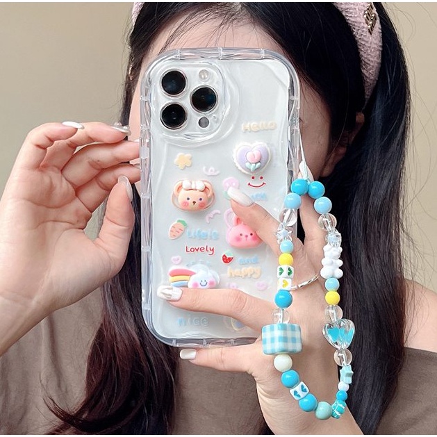 3D Clear Hand Made Diy Cute Cream Rabbit Bear Flower Soft Case iPhone 11 12 13 14 Pro Max New Apple for women girls Gift Bracelet Airbag case