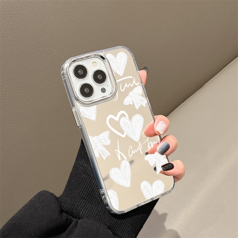IPHONE Heart Bow Tie Graffiti Mirror Phone Case Kompatibel Untuk Iphone11 12 13 14 12Pro 13Pro 14Pro Pro Max XR X XS Max Electroplating Tombol Perlindungan Mirror Cover