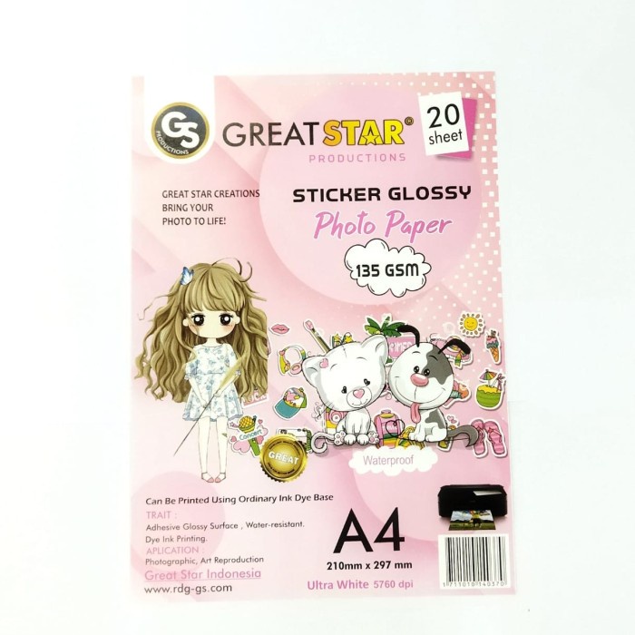 

SLM7 Kertas Foto Great Star Glossy Sticker A4 135gsm 20 Lembar