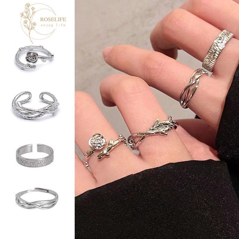 Roselife Unisex Trend Perak Cross Thistles Duri Rose Rings Untuk Wanita Pria Fashion Geometris Pasangan Cincin Set Pecinta Jari Perhiasan Hadiah