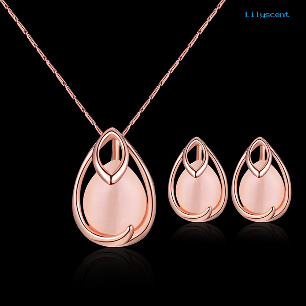 [LS] Water Drop Shape Faux Opal Pendant Kalung Anting Set Perhiasan Pengantin Pernikahan