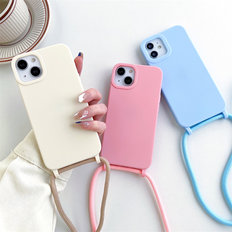 IPHONE Menebal Silikon Anti Rontok Lanyard Cover Cocok Untuk Iphone14 13 12 11 Pro X XS Max XR 78 14 Plus Matte Casing Pelindung Tali Diagonal Soft Case