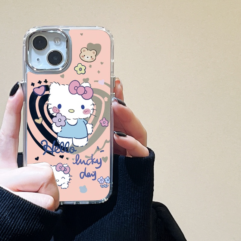 IPHONE Casing Ponsel Cermin Kucing Kitty Lucu Kompatibel Untuk Iphone11 12 13 14 12Pro 13Pro 14Pro Pro Max XR X XS Max Electroplating Tombol Perlindungan Mirror Cover