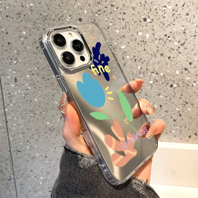 IPHONE Casing Ponsel Cermin Graffiti Bunga Kompatibel Untuk Iphone11 12 13 14 12Pro 13Pro 14Pro Pro Max XR X XS Max Electroplating Tombol Perlindungan Mirror Cover