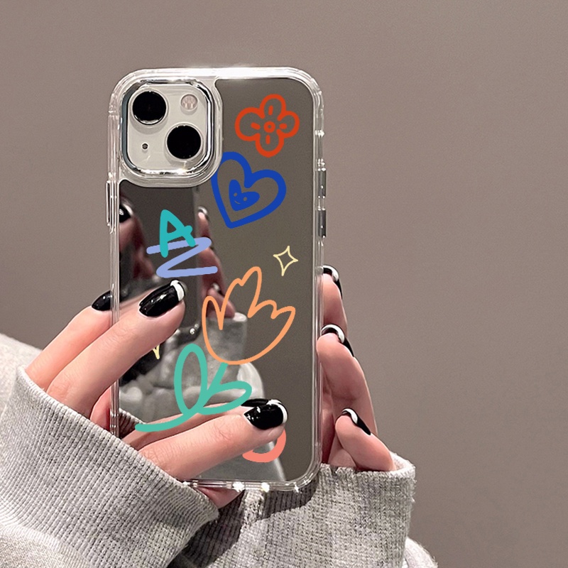 IPHONE Casing Ponsel Cermin Graffiti Kompatibel Untuk Iphone11 12 13 14 12Pro 13Pro 14Pro Pro Max XR X XS Max Electroplating Tombol Perlindungan Mirror Cover
