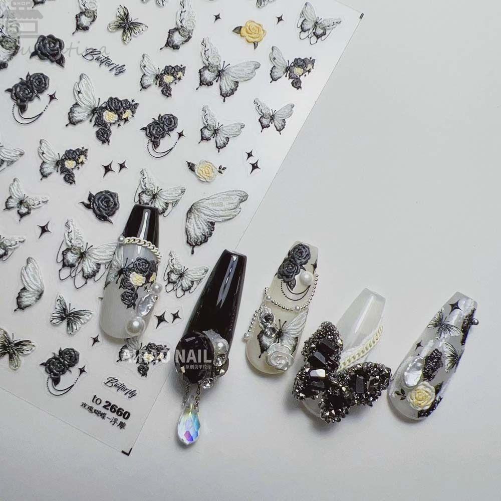 AUGUSTINA Agustina Kupu-Kupu Stiker Kuku Wanita Retro Manicure Aksesoris 3D Relief Perekat Diri Nail Art Dekorasi