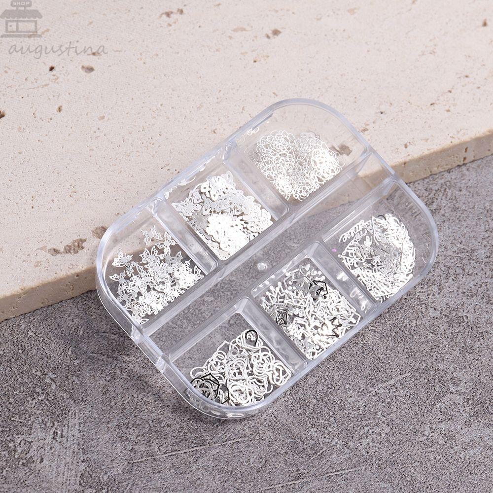 AUGUSTINA Agustina Rivet Aksesoris Kuku Perak 6kisi 3D Perhiasan Kuku Hati Bunga Kupu-Kupu Manicure Nail Art Dekorasi