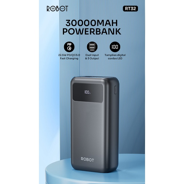 ROBOT RT32 PowerBank 30000mAh Fast Charging QC 3.0 22.5W LED Display 3 Output &amp; 2 Input