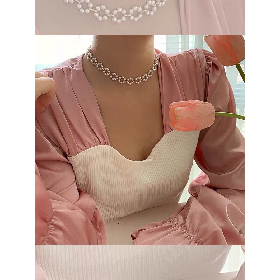 Korea Korean Pearl Diamond Necklace Braided Pearl Necklace Gaya Baru Perempuan Niche Desain Merasa Gaya Keren Influencer Necklace