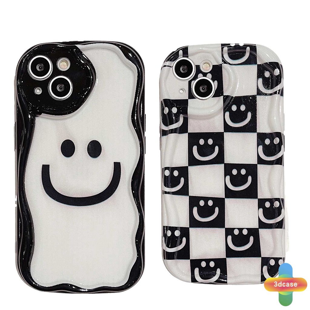 Checkerboard Kartun Lucu Smile Lembut Case Untuk Samsung A14 A22 A13 A04 A04S A52 A12 A03 A03S A23 A32 A50 A02S A20 A51 A24 A50S A30S A52S A30 M12 M22 M32 A125 A13 Lie A14 LTE A037F F12 M04 M10S M02S A025 A205 3D Wavy Curved Edge Glossy Anti-fall Case