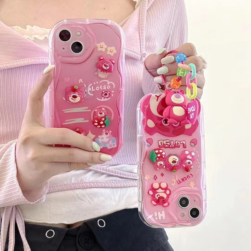 3D Ice Cream Strawberry Bear Lotoso Soft Case IPhone XR XS MAX 11 12 13 14 Pro Max 14 Plus New Apple for Women Girls Gift Bracelet Airbag Case Pink Red Cute Cartoon