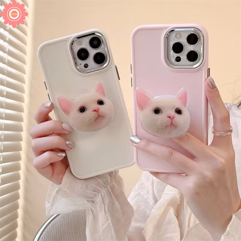 Cute Kitty Cat Phone Holder Case Compatible for IPhone 11 13 12 14 Pro Max 7plus X XR 7 8 Plus XS MAX Simple Solid Color Metal Lens Frame Phone Cover