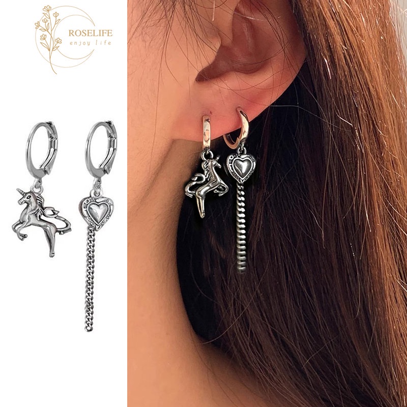 Roselife Punk Retro Perak Panjang Rumbai Rantai Hati Unicorn Drop Anting Untuk Wanita Pria Unisex Keren Fashion Tidak Teratur Menjuntai Anting-Anting Perhiasan Aksesoris