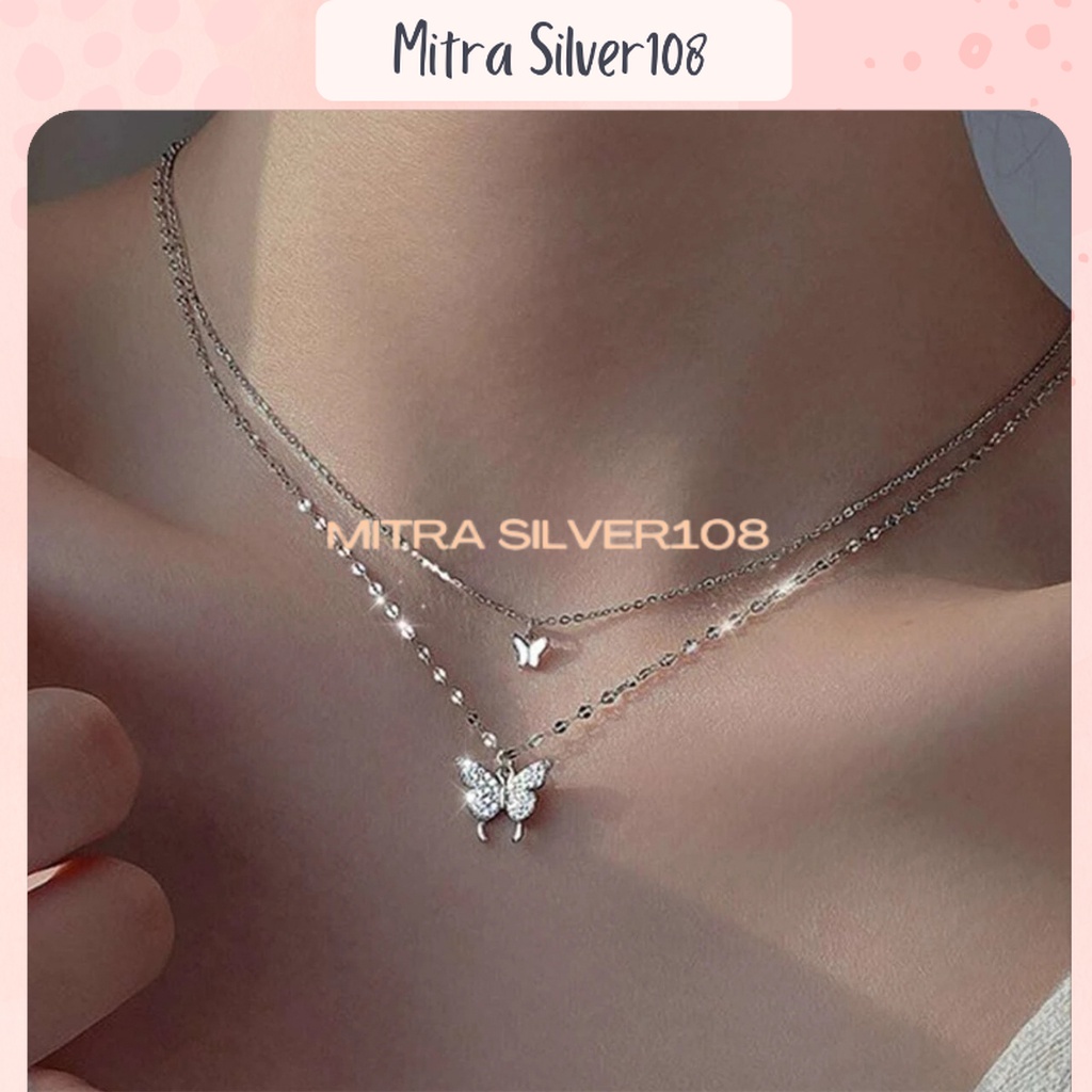 Kalung Kupu Kupu Layer Wanita Fashion Korea Rantai Klavikula Liontin Double Butterfly Necklace Multilayer Warna Silver NL 23