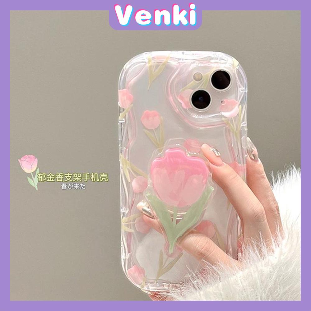 VENKI - Untuk iPhone 11 iPhone Case Clear Curved Edge Wave TPU Soft Shell Shockproof Protection Camera Simple Romantic Tulip Kompatibel dengan iPhone 14 13 Pro max 12 Pro Max 11 xr xs