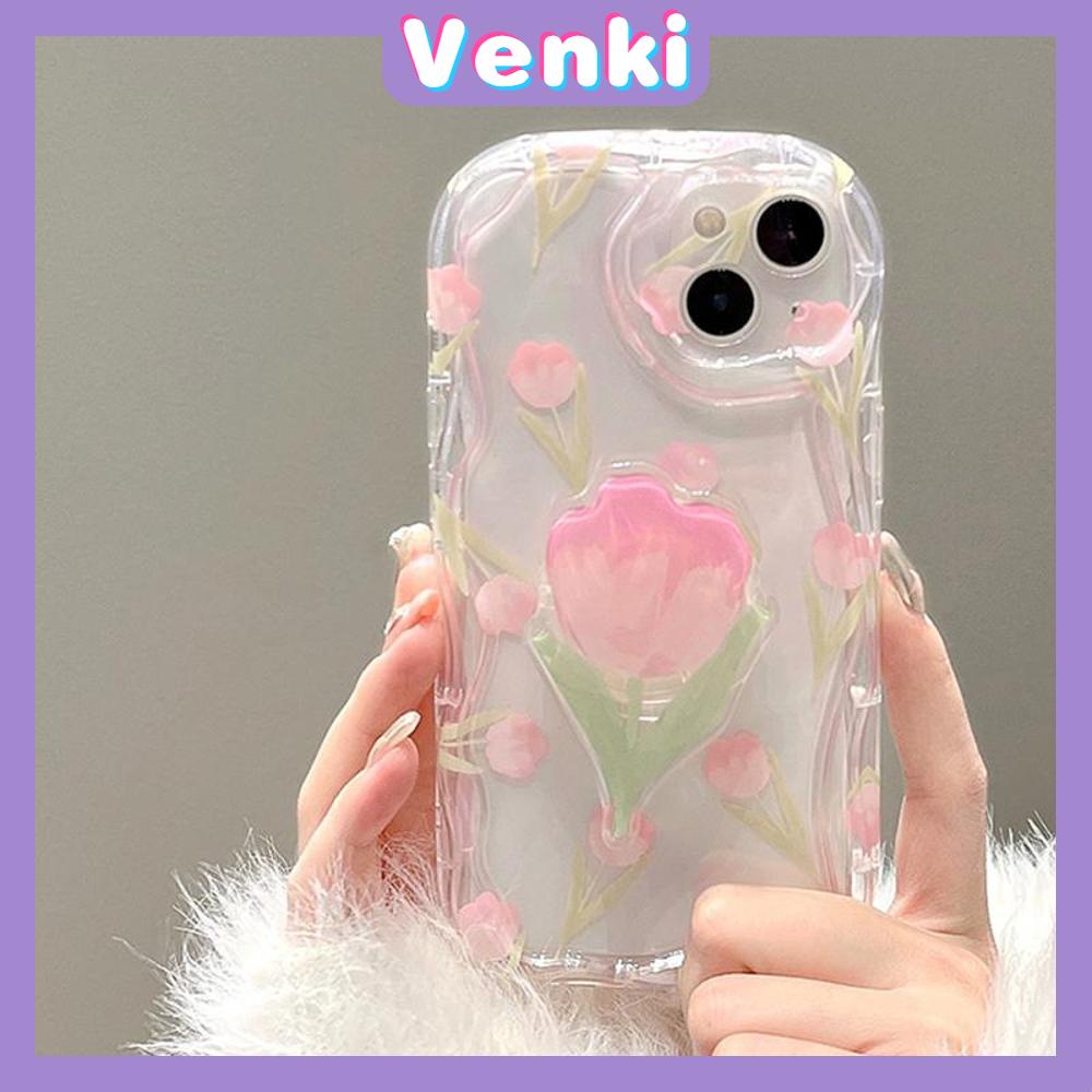 VENKI - Untuk iPhone 11 iPhone Case Clear Curved Edge Wave TPU Soft Shell Shockproof Protection Camera Simple Romantic Tulip Kompatibel dengan iPhone 14 13 Pro max 12 Pro Max 11 xr xs