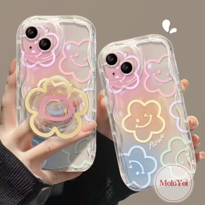 Cartoon Smiley Fresh Flowers Holder Bracket Case Compatible for IPhone 7 6 8 6s Plus XR X XS Max 11 14 13 12 Pro Max SE 2020 3D Wavy Curved Edge INS Korean Colorful Graffiti Cover