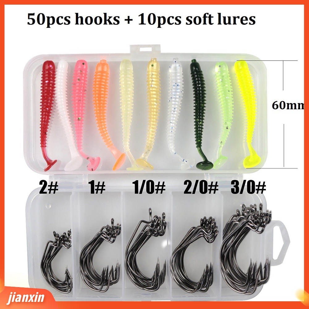 (In Stock) 60Pcs T-Tail Umpan Cacing Buatan Soft Lure+Kait Ikan Fishing Tackle Dengan Kotak