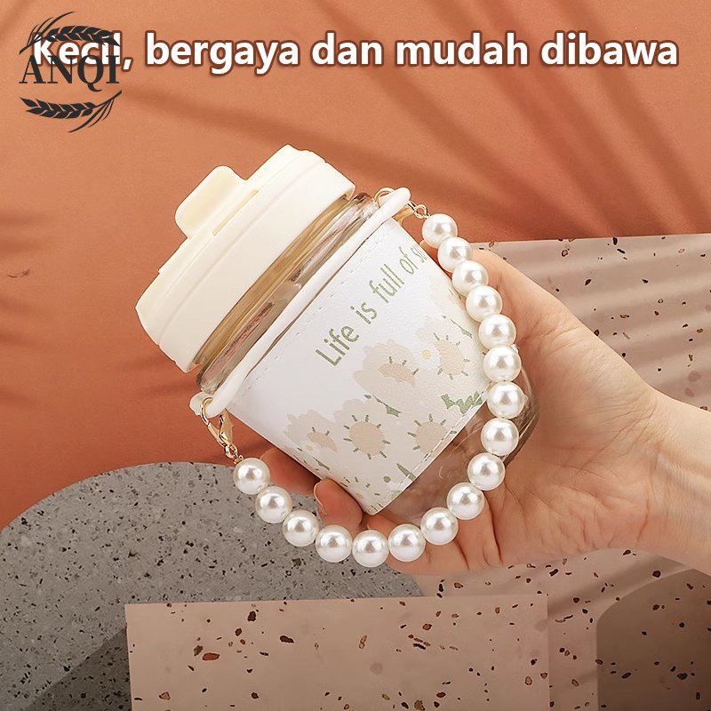 ANQI 1888 Botol Minum Kaca /  Botol Aesthetic Tali Mutiara / Tumbler Korea Botol Travel Tali Dan Sedotan VS-345