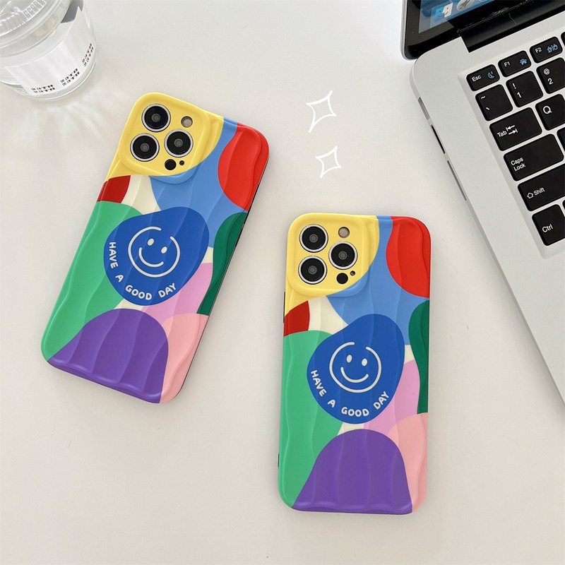 Colorful Block Smile Soft Silicon Case HP iP iPhone 14 + Plus 12 13 Pro Max 11 IMD Wave Casing Apple