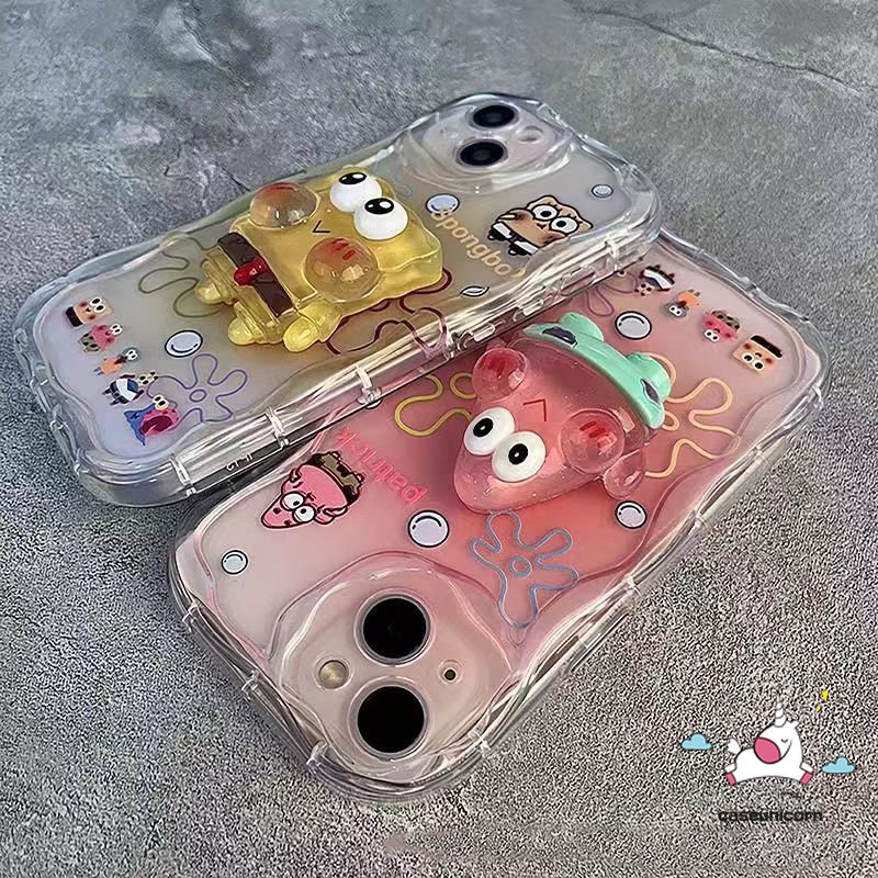 IPHONE Casing Stand Boneka Steric Spongebob Patrick Star 3D DIY Lucu Kompatibel Untuk Iphone7 6xr 6s 8plus11 14 13 12 11 Pro Max X XS Max SE Kartun Pasangan 3D Wavy Curved Edge Soft Cover