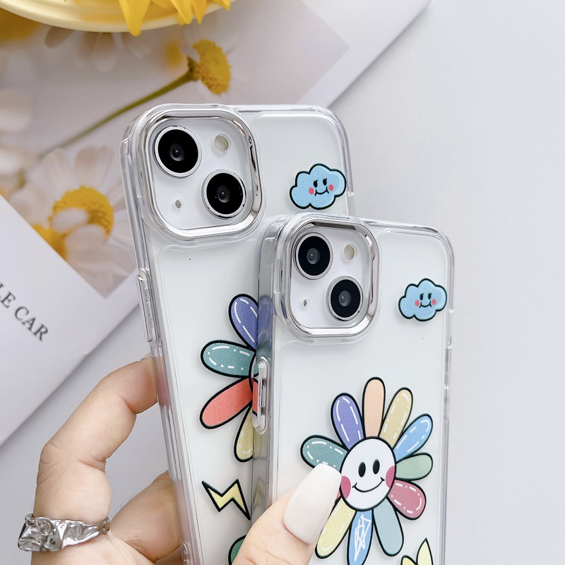 【Independent buttons】Clear Sunflower Silicone Soft Case IPhone 6S 7 8 Plus SE XR XS Max 11 12 13 14 Pro Max 14 Plus strawberry Cute for Girl Women