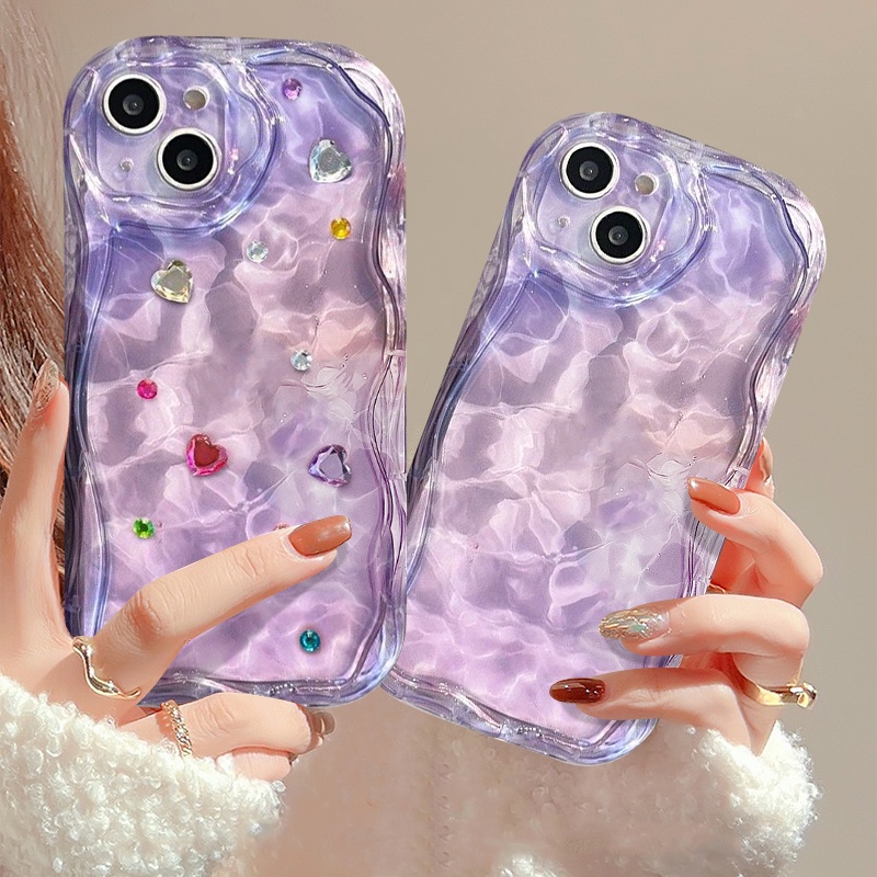 Case Kompatibel Untuk iPhone 7Plus 11 13 14 12 Pro Max XR X8 6 7 6s Plus XS Max Se2020 3D Wavy Curved Edge Art Water Ripple Gradient Purple Pink Case Dengan Stiker Berlian