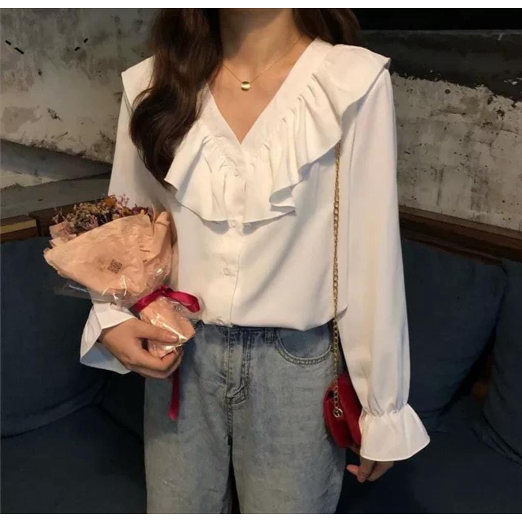 KEMEJA PUTIH WANITA IMPORT  CASUAL KEMEJA RUMBAI V-NECK