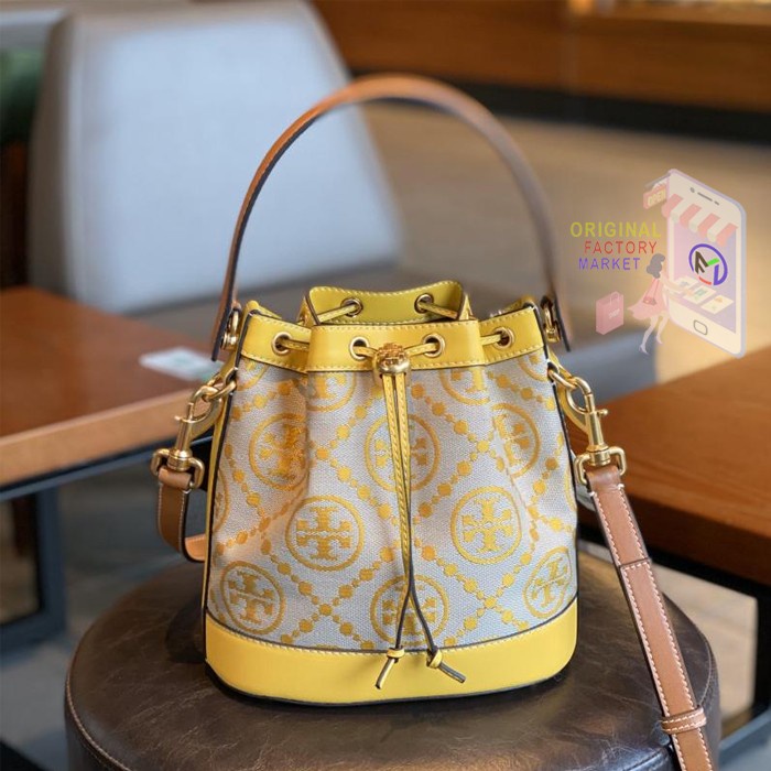 Tas TORY BURCH T Monogram Jacquard Bucket Bag Goldfinch ORIGINAL 79487 Vs