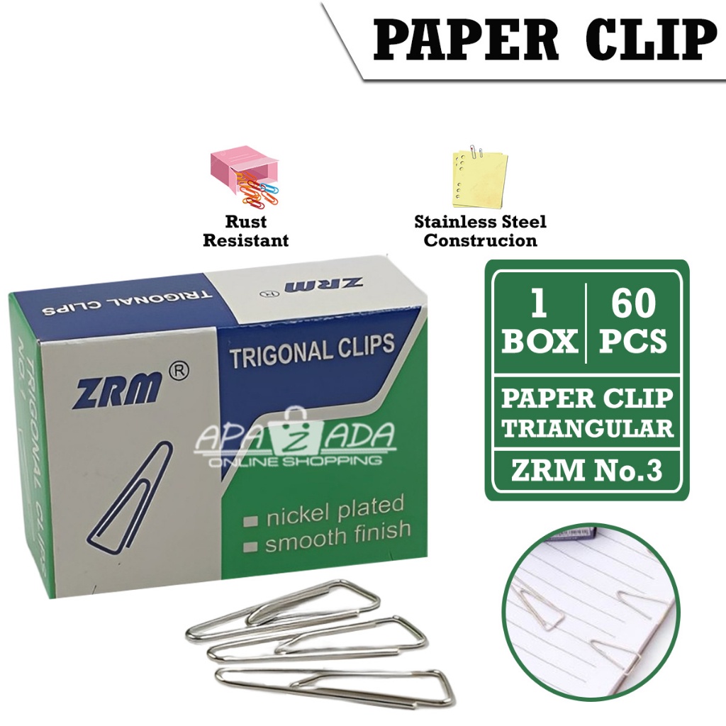 

Apazada - Paper Clip Trigonal No.3 [1 Box - 60 Pcs Clip] / Klip Kertas Triangular / Penjepit Kertas ZRM