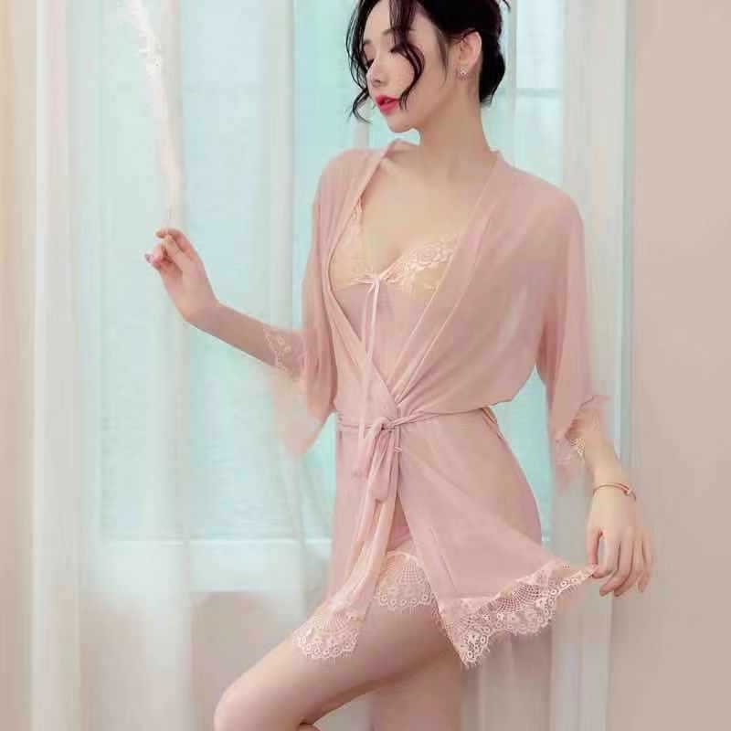 𝙿₳𝚁𝙸𝚂 Lingerie Pakaian Dalam Wanita Sexy Plus Kimono Wanita Renda Setelan Menggoda 1204-CREAM
