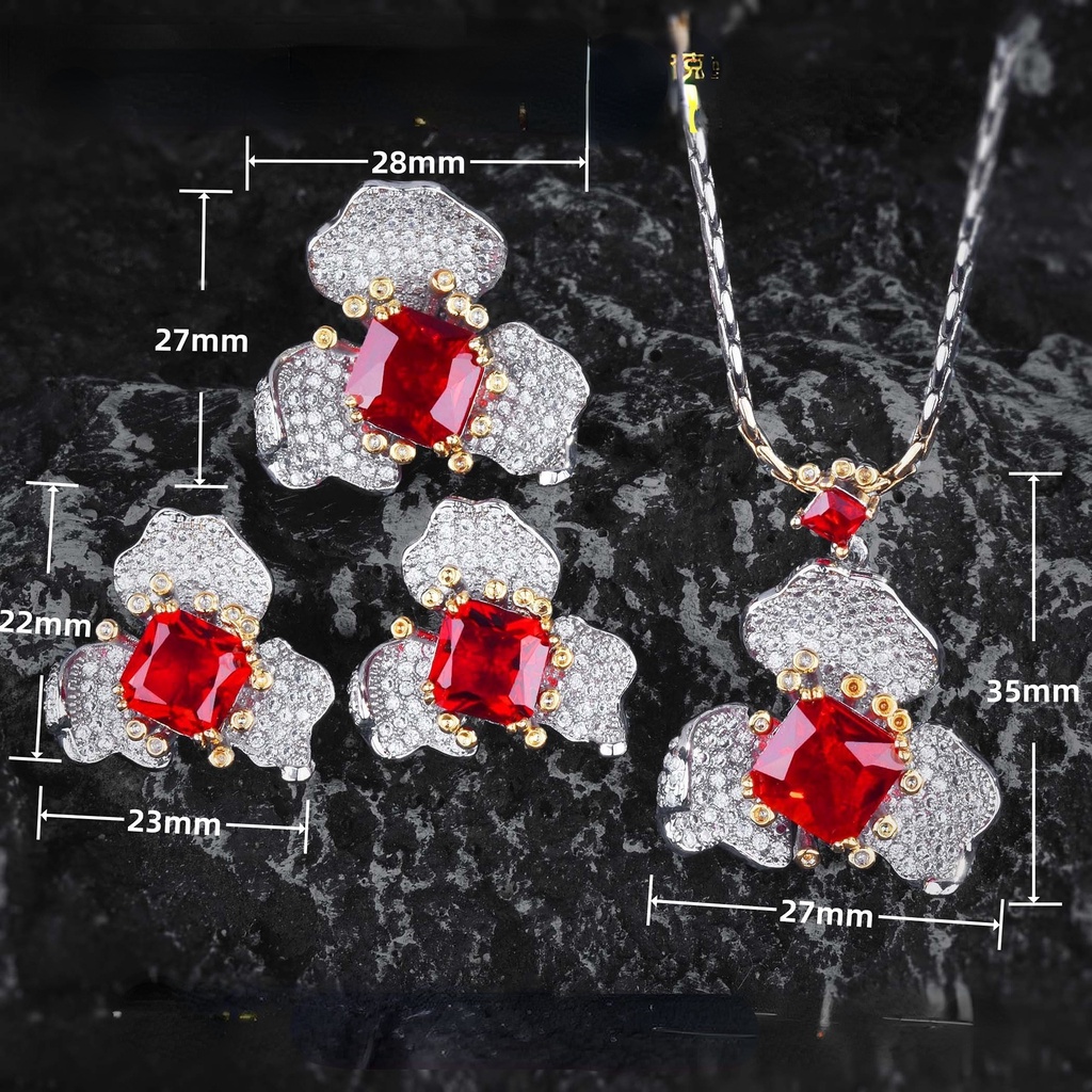 Goldkingdom Fashion Perhiasan Aksesoris Ready Stock Gaoding Jewelry Darah Merpati Ruby Liontin Warna-Warni Harta Karun Telinga Giwang Cincin Terbuka Premium Cina Merah Kalung Set Perempuan