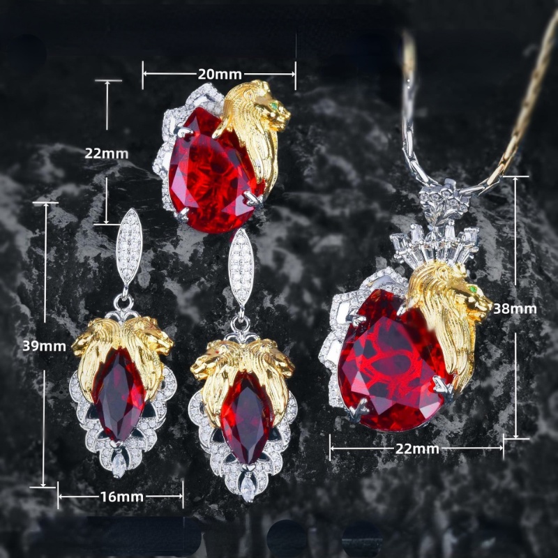 Goldkingdom Fashion Perhiasan Aksesoris Ready Stock Itali Bicolor Kerajinan Emas Lion King Mahkota Set Dove Blood Ruby Liontin Berlian Merah Anting Terbuka Cincin