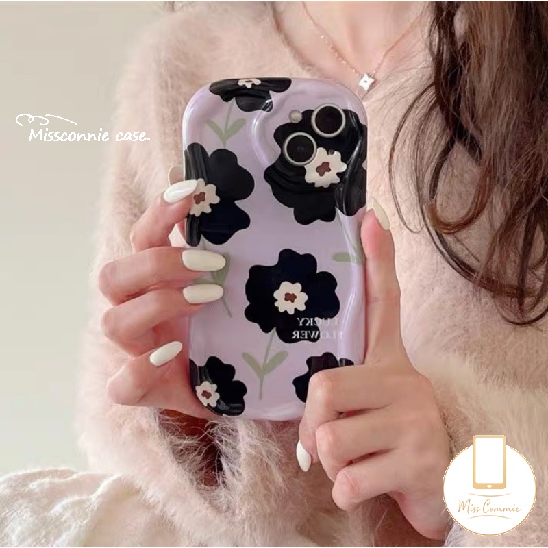 IPHONE Floral Soft Tpu Phone Case Kompatibel Untuk Iphone11 13 12 14 Pro Max7 8 6s 6 Plus XR X XS Max SE 2020 Glossy 3D Wavy Curved Edge Fresh Flower Airbag Shockproof Purple Cover