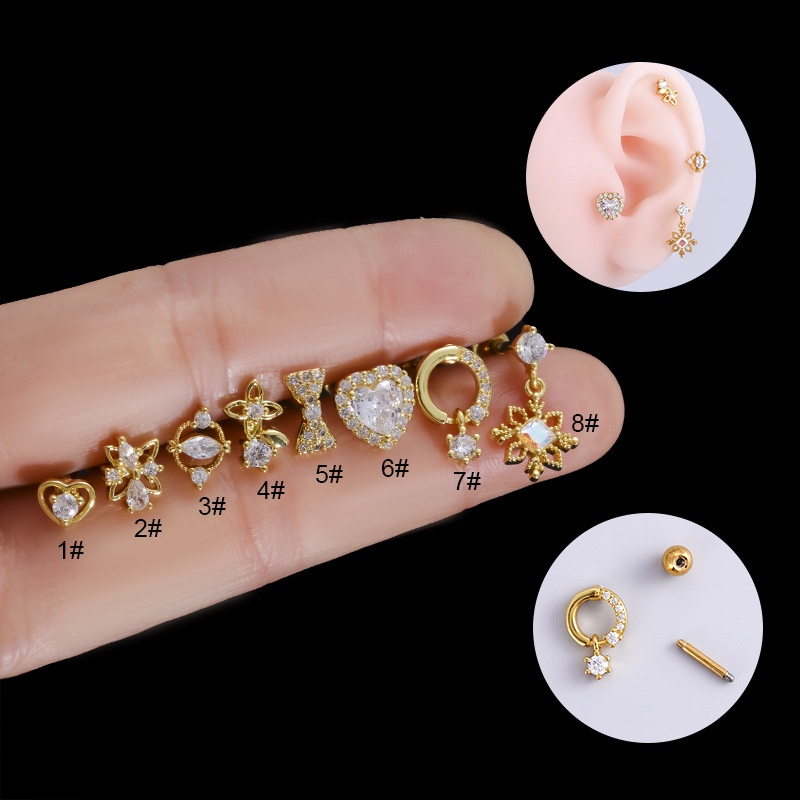 1biji Fashion 16G Stainless Steel Tulang Rawan Helix Piercing Earring Stud Dengan Jantung Ikatan Simpul Bunga Pesona Warna Emas Dan Perak