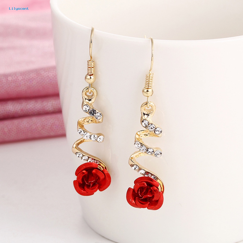 Lilyscent Wanita Fashion Merah Rose Drop Berlian Imitasi Spiral Menjuntai Kait Anting Perhiasan Hadiah