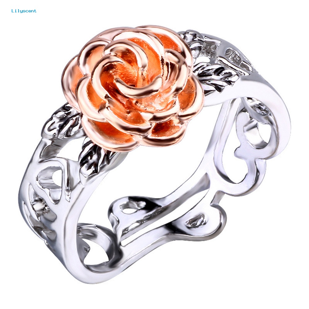 Lilyscent Vintage Wanita Two Tone Bunga Band Jari Cincin Pernikahan Pertunangan Perhiasan Hadiah