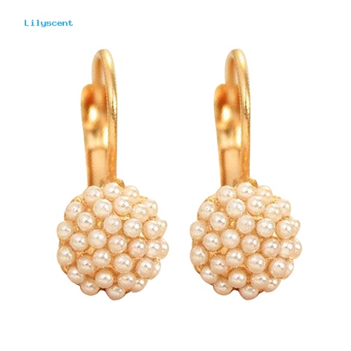 Lilyscent Wanita Mutiara Imitasi Manik-Manik Golden Tone Alloy Huggie Earrings Eardrop Pesta Perhiasan