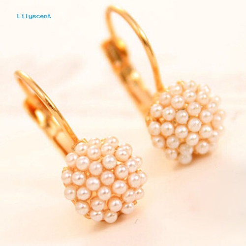 Lilyscent Wanita Mutiara Imitasi Manik-Manik Golden Tone Alloy Huggie Earrings Eardrop Pesta Perhiasan